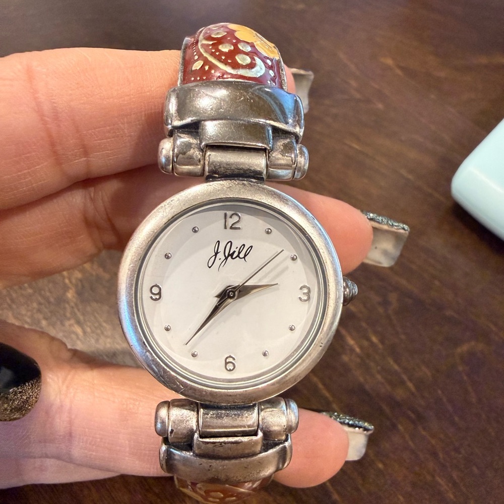 J. Jill Floral Enamel Cuff Watch Silver Tone Hinged Bracelet Quartz
